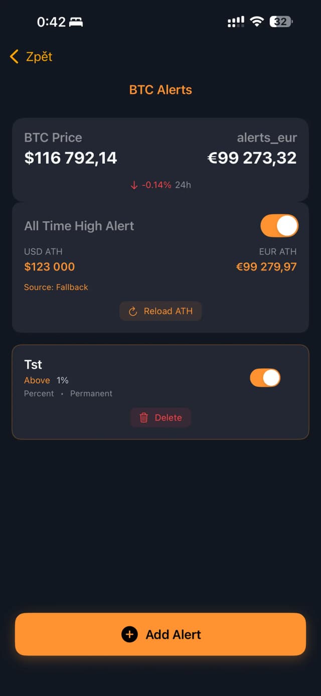 BTC alerts screen with price notifications and alert management