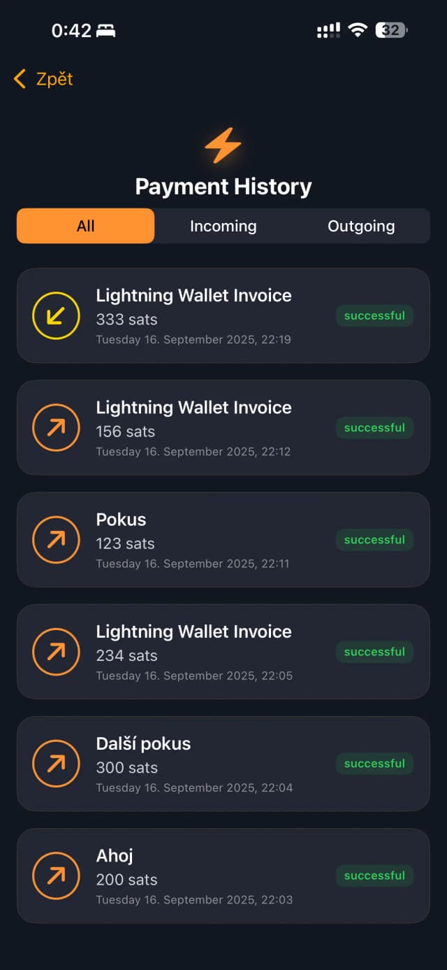 Payment history screen showing transaction list with incoming and outgoing payments