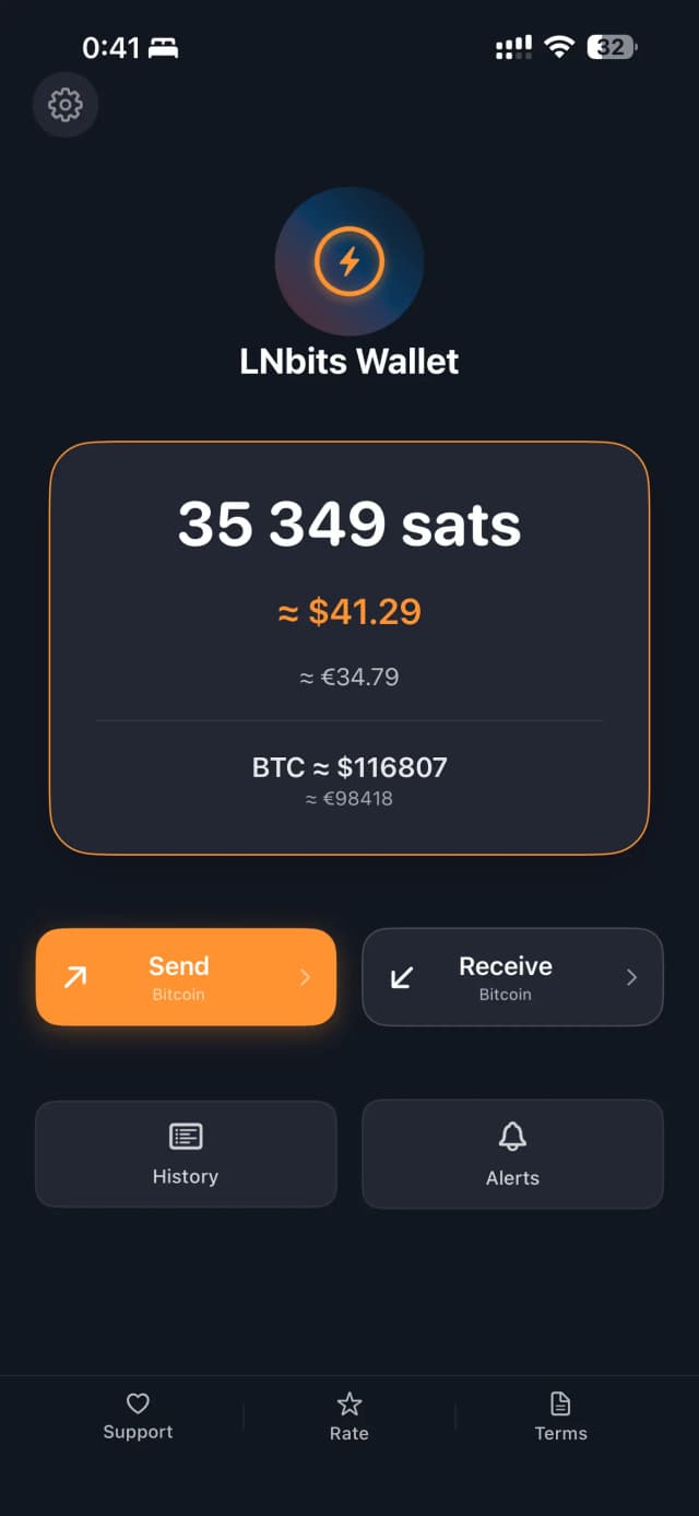 LNbits Wallet main dashboard with balance display and action buttons