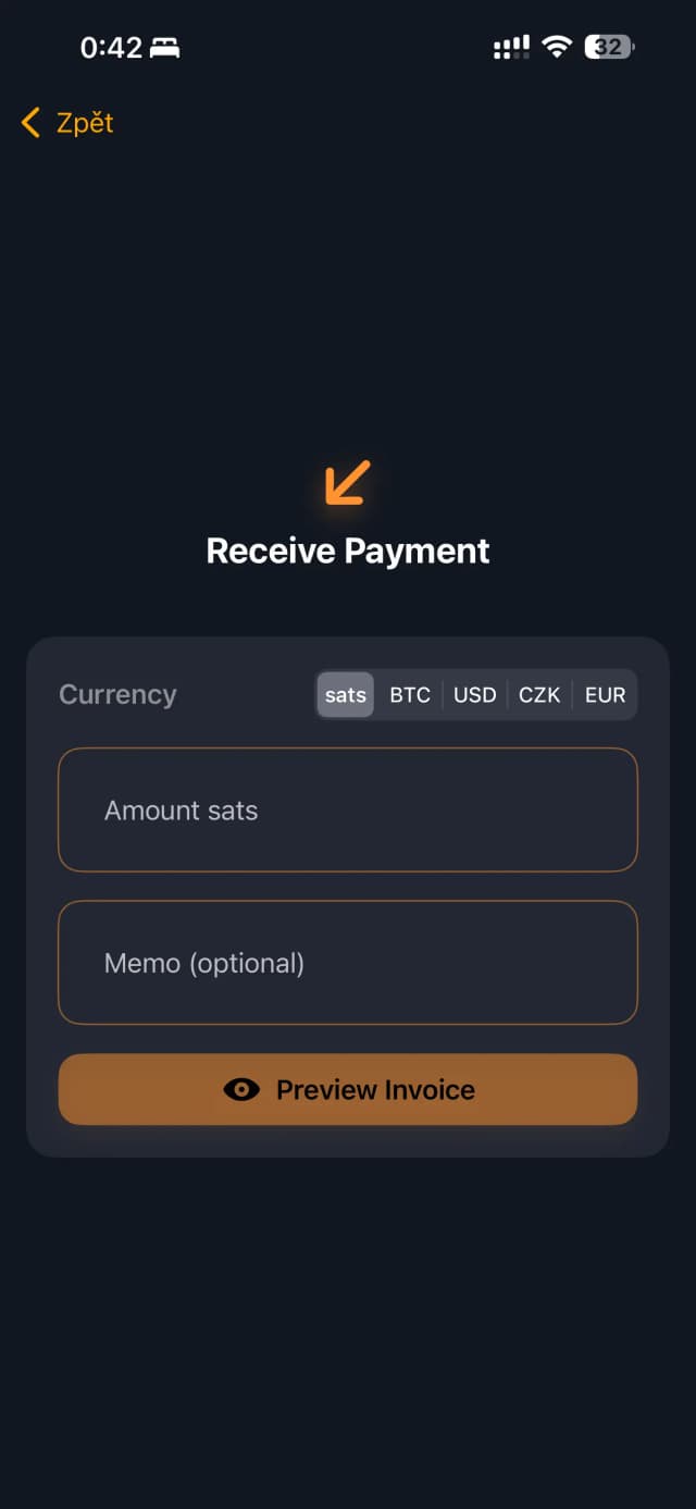 Receive payment screen with invoice generation and QR code display